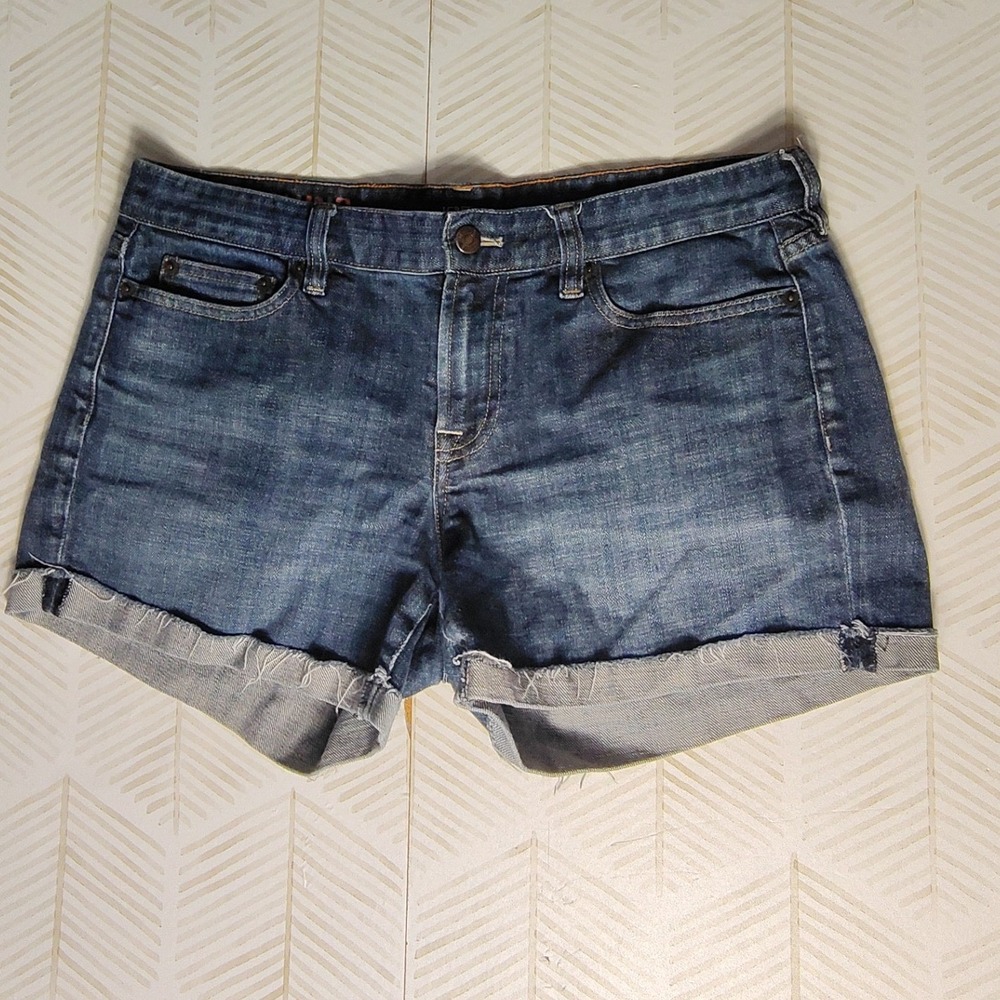 J.Crew‎ Stretch Women Blue Denim Shorts Cuffed Raw Hem Size 28 Medium Wash
